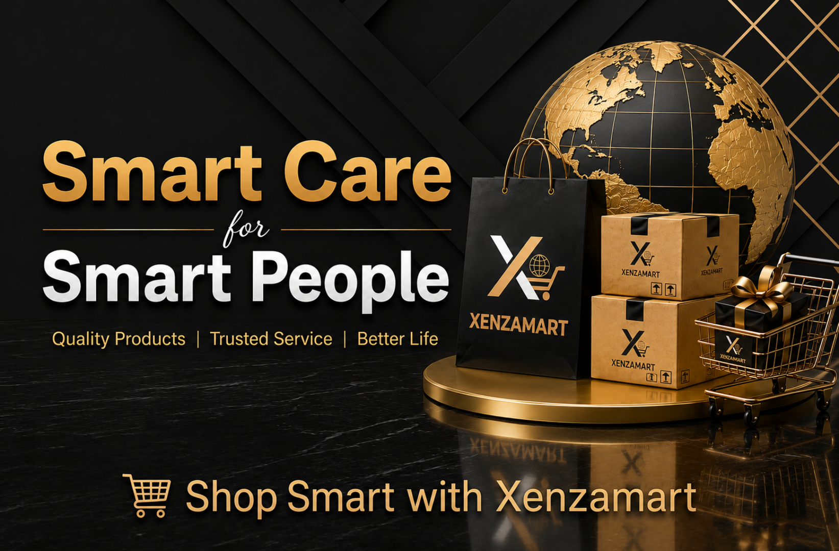 Xenzamart branding with packaging and globe on a dark background